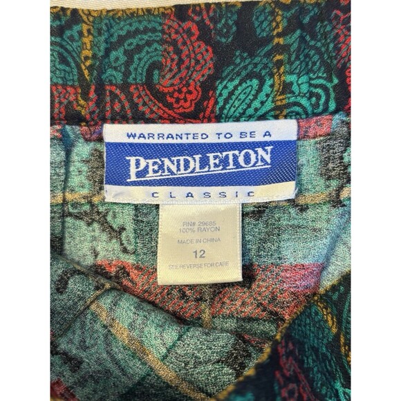 PENDLETON Green Red Paisley A-Line Skirt 12 Vintage Pockets Midi Rayon Holiday - Picture 2 of 10